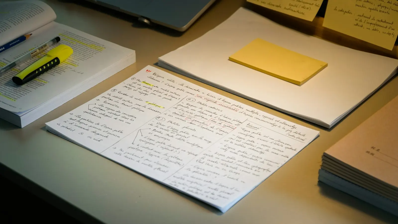 Notes de révision manuscrites, surligneur et post-it sur un bureau d'étude