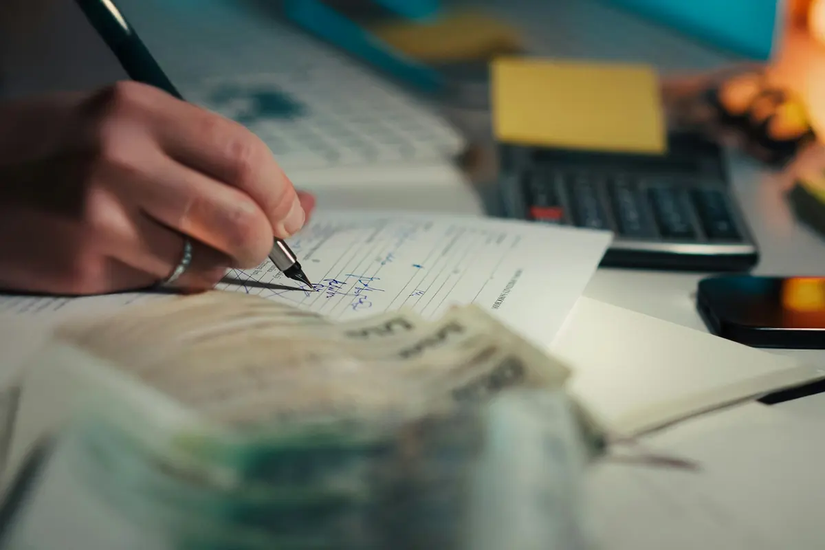 Main notant un budget dans un carnet, avec calculatrice et billets sur le bureau